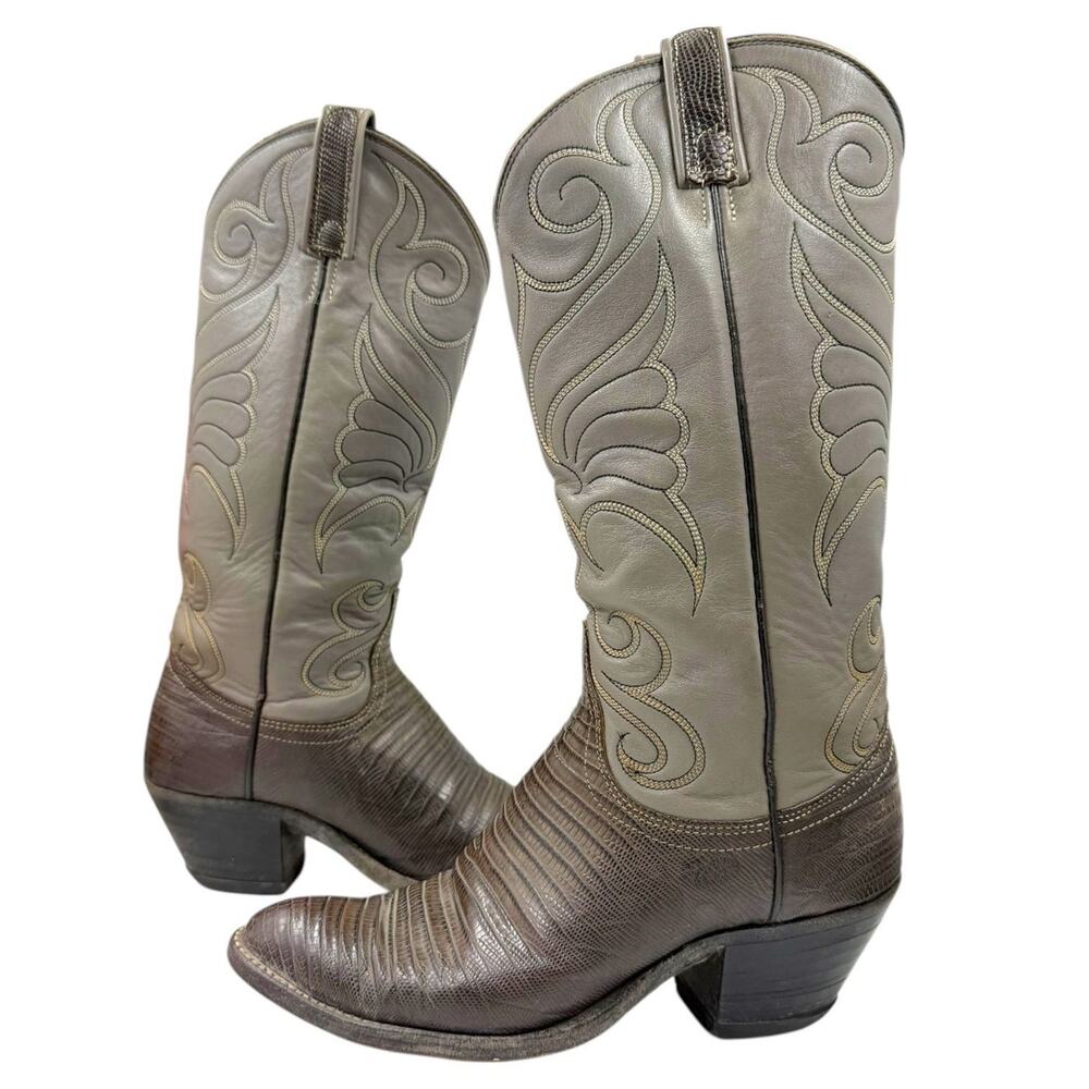 DAN POST VINTAGE GRAY TEJU LIZARD EXOTIC LEATHER WESTERN COWBOY BOOTS SIZE 6B